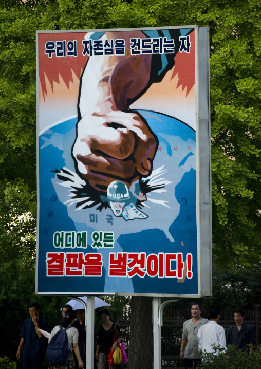 North Korean anti american propaganda billboard in the street, Pyongan Province, Pyongyang, North Korea