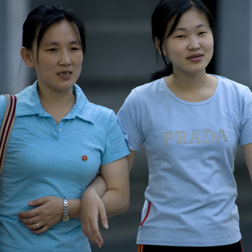 North Korean women with a fake prada shirt, Pyongan Province, Pyongyang, North Korea