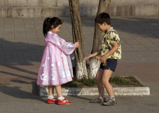 North Korean children playing in the street, Pyongan Province, Pyongyang, North Korea