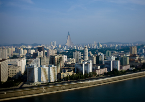 View across Taedong river from Yanggakdo hotel towards city centre, Pyongan Province, Pyongyang, North Korea