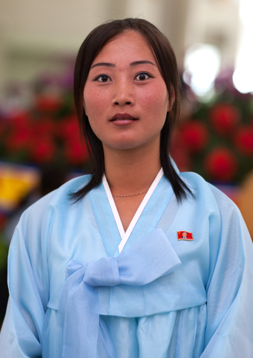 Portrait of a North Korean woman in traditional choson-ot, Pyongan Province, Pyongyang, North Korea