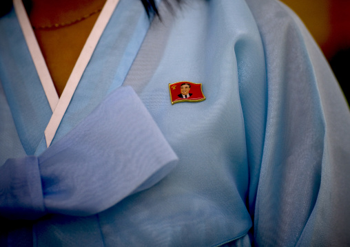 North Korean woman in choson-ot with a Kim il Sung badge, Pyongan Province, Pyongyang, North Korea