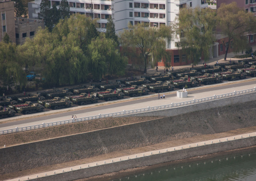 Military trucks along Taedong river for the celebration of the 60th anniversary of the regim, Pyongan Province, Pyongyang, North Korea