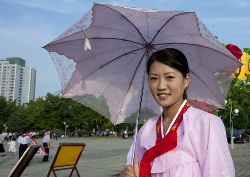 North Korean woman with an umbrella, Pyongan Province, Pyongyang, North Korea