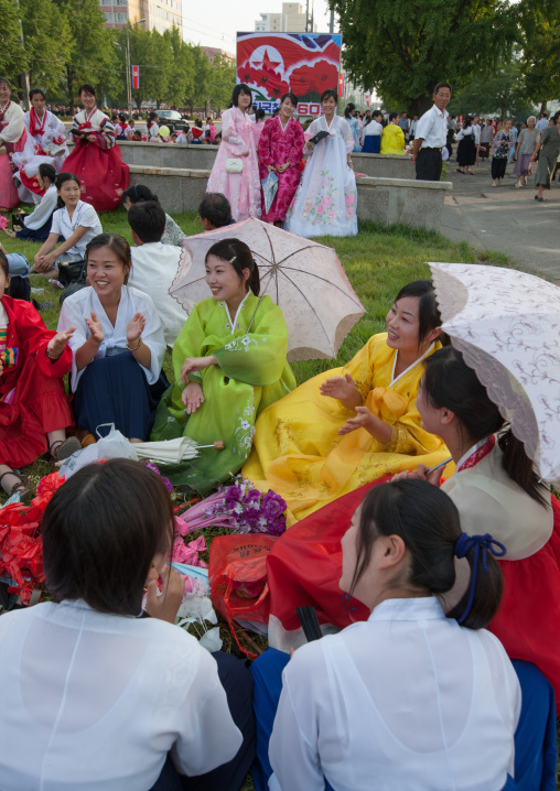 North Korean women in choson-ot in a park, Pyongan Province, Pyongyang, North Korea