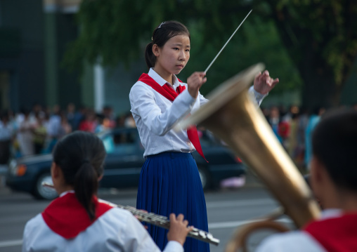 North Korean pioneers playing music during the celebration of the 60th anniversary of the regim, Pyongan Province, Pyongyang, North Korea