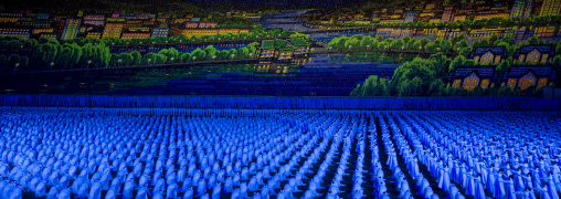 Panoramic view of the Arirang mass games with North Korean performers in may day stadium, Pyongan Province, Pyongyang, North Korea