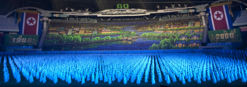 Panoramic view of the Arirang mass games with North Korean performers in may day stadium, Pyongan Province, Pyongyang, North Korea