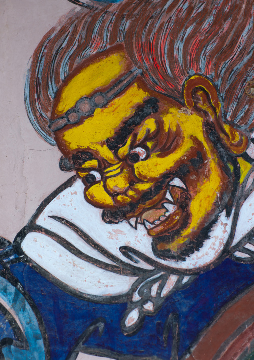 Mural painting of a warrior in Songbul buddhist temple, North Hwanghae Province, Sariwon, North Korea