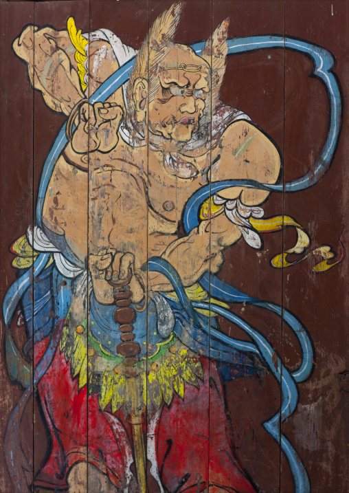Painting of man on a door of Songbul buddhist temple, North Hwanghae Province, Sariwon, North Korea