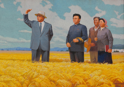Propaganda fresco with Kim il Sung and Kim Jong il in a field, Kangwon Province, Chonsam Cooperative Farm, North Korea