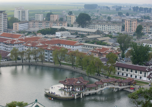 Aerial view of the city and the folk customs street lake, North Hwanghae Province, Sariwon, North Korea