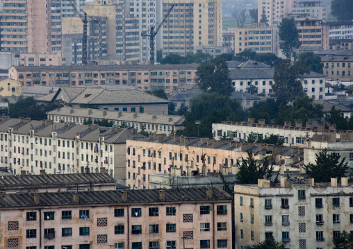High angle overview of decrepit buildings, North Hwanghae Province, Sariwon, North Korea