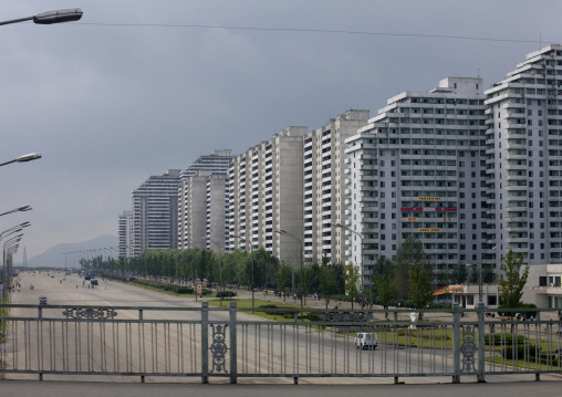 Huge appartment blocks on empty street, Pyongan Province, Pyongyang, North Korea