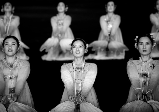 North Korean women dancing in choson-ot during the Arirang mass games in may day stadium, Pyongan Province, Pyongyang, North Korea