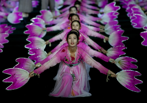 North Korean women dancing in choson-ot during the Arirang mass games in may day stadium, Pyongan Province, Pyongyang, North Korea