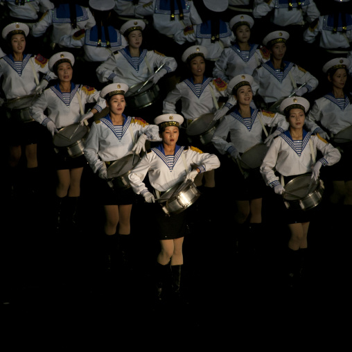 Sexy North Korean women dressed as sailors during the Arirang mass games in may day stadium, Pyongan Province, Pyongyang, North Korea