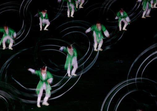 North Korean pungmul performers during the Arirang mass games in may day stadium, Pyongan Province, Pyongyang, North Korea