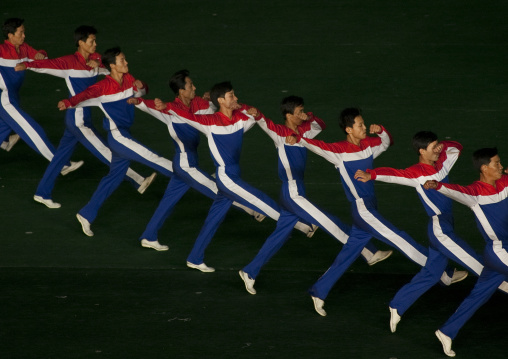 North Korean gymnasts during the Arirang mass games in may day stadium, Pyongan Province, Pyongyang, North Korea