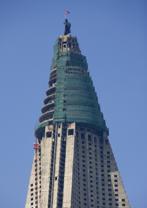 Construction of the pyramid-shaped Ryugyong hotel, Pyongan Province, Pyongyang, North Korea