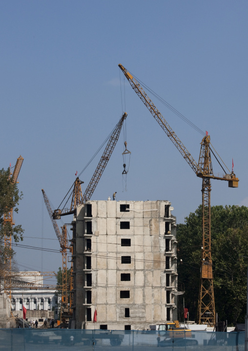 Cranes on a building site construction, Pyongan Province, Pyongyang, North Korea