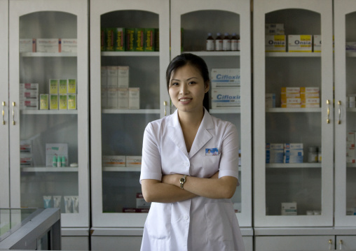 North Korean woman seller in a pharmacy, Pyongan Province, Pyongyang, North Korea