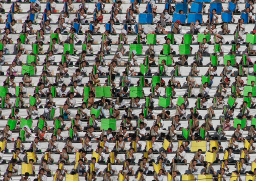 Children pixels holding up colored boards during Arirang mass games in may day stadium, Pyongan Province, Pyongyang, North Korea