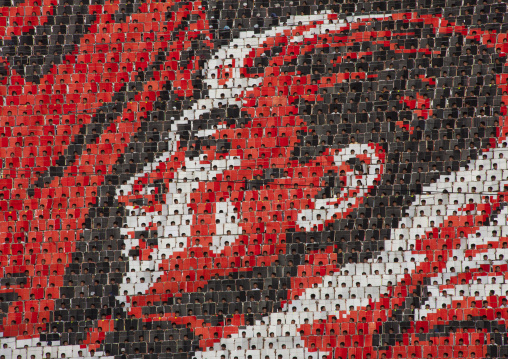 National hero portrait made by human pixels holding up colored boards during Arirang mass games in may day stadium, Pyongan Province, Pyongyang, North Korea