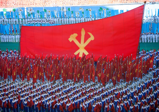 Workers' Party of North Korea giant flag during the Arirang mass games, Pyongan Province, Pyongyang, North Korea