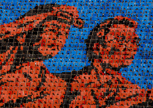North Korean heroes made by children pixels holding up colored boards during Arirang mass games in may day stadium, Pyongan Province, Pyongyang, North Korea