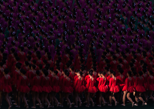 North Korean gymnasts performing during the Arirang mass games in may day stadium, Pyongan Province, Pyongyang, North Korea