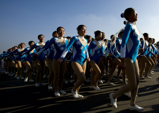 North Korean gymnasts going to the Arirang mass games outside of may day stadium
, Pyongan Province, Pyongyang, North Korea