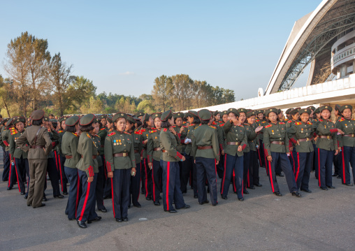North Korean soldiers women in front of may day stadium, Pyongan Province, Pyongyang, North Korea