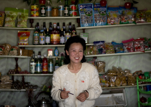 North Korean woman in a small village shop, Kangwon Province, Chonsam Cooperative Farm, North Korea