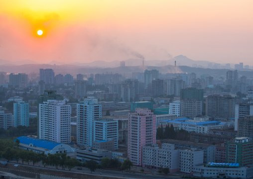 High angle view of buildings in the city center, Pyongan Province, Pyongyang, North Korea