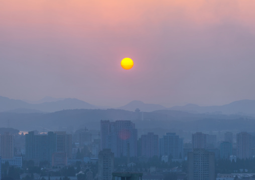 Sunset over the city buildings, Pyongan Province, Pyongyang, North Korea