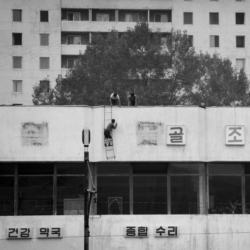 North Korean men fixing Korean letters on a wall, Pyongan Province, Pyongyang, North Korea