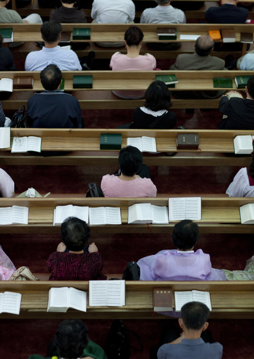 North Korean worshiper reading the bible during a sunday mass in protestant Bongsu church, Pyongan Province, Pyongyang, North Korea