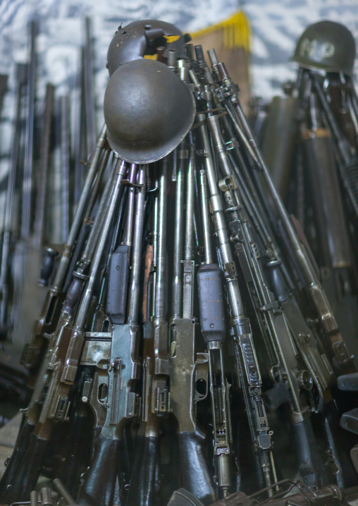 American rifles and helmets in the victorious fatherland liberation war museum, Pyongan Province, Pyongyang, North Korea