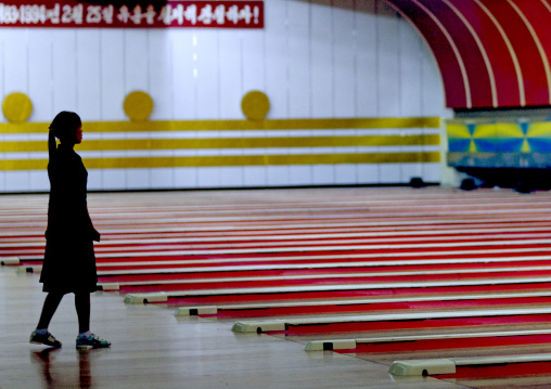 North Korean woman playing bowling, Pyongan Province, Pyongyang, North Korea