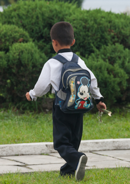 North Korean boy with a Mickey mouse bag, Kangwon Province, Wonsan, North Korea
