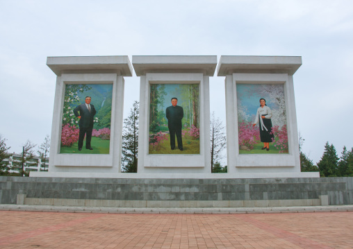 Kim il Sung with Kim Jong il and Kim Jong suk on a propaganda mosaic fresco, Kangwon Province, Wonsan, North Korea