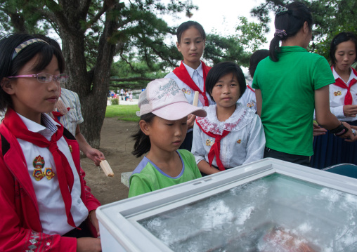 North Korean pioneers buying ice creams in Songdowon international children's camp, Kangwon Province, Wonsan, North Korea