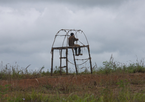 North Korean man watching and guarding crops from a high chair, North Hamgyong Province, Chilbosan, North Korea