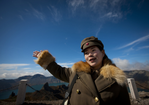 North Korean guide in uniform at the top of mount Paektu, Ryanggang Province, Mount Paektu, North Korea