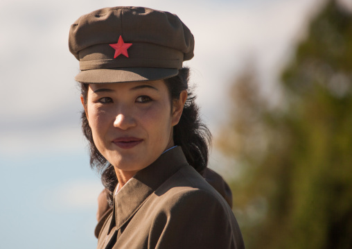 North Korean guide in the Grand monument of lake Samji, Ryanggang Province, Samjiyon, North Korea