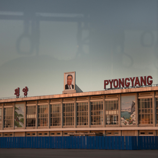 Pyongyang airport from bus window at dusk, Pyongan Province, Pyongyang, North Korea