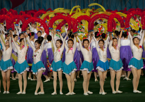 North Korean gymnasts performing during the Arirang mass games in may day stadium, Pyongan Province, Pyongyang, North Korea