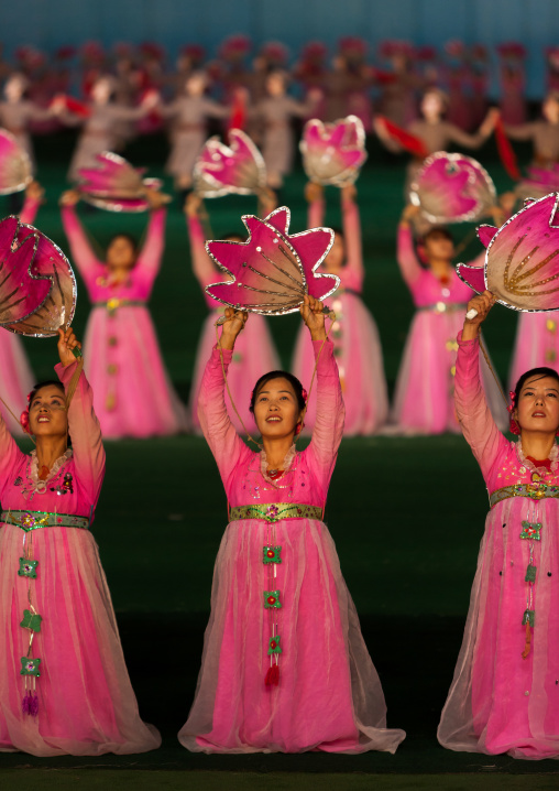 North Korean women dancing in choson-ot during the Arirang mass games in may day stadium, Pyongan Province, Pyongyang, North Korea