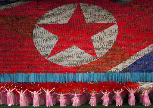 North Korean flag made by human pixels holding up colored boards during Arirang mass games in may day stadium, Pyongan Province, Pyongyang, North Korea